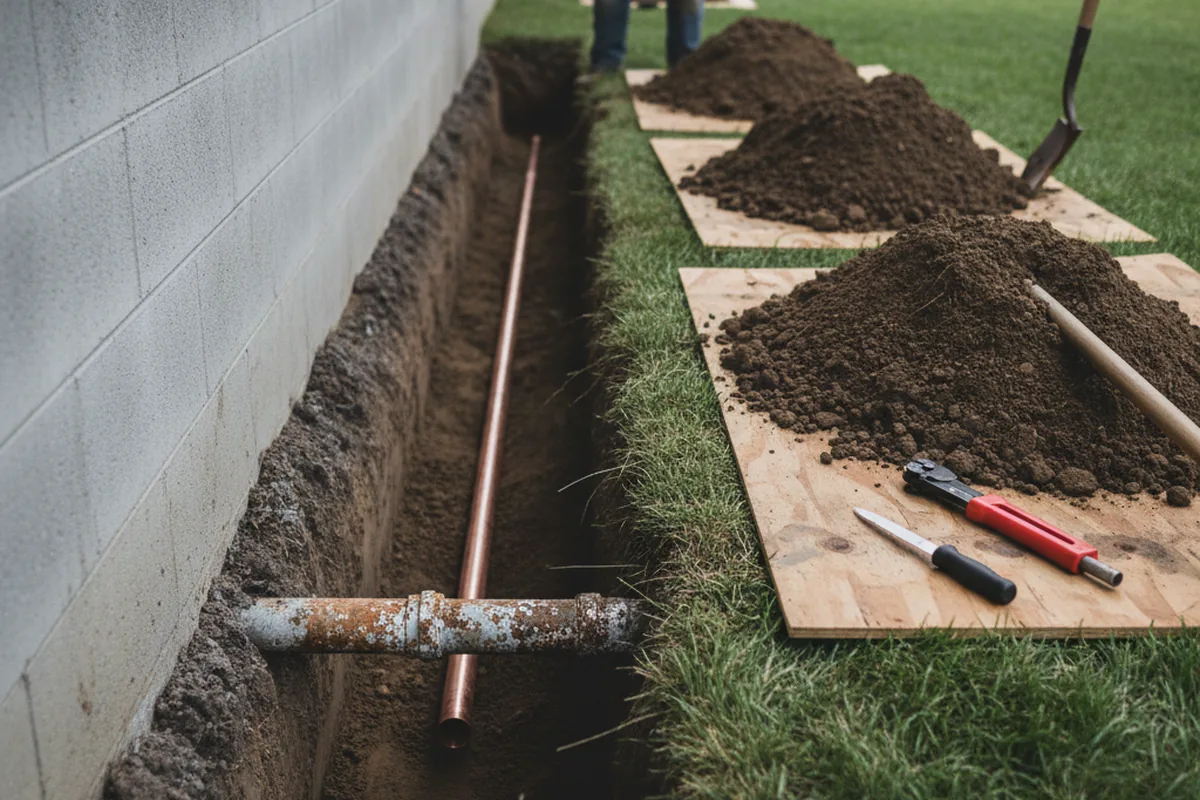 Excavated water line trench during Water Softener Installation in Cummings